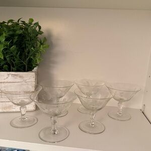Vintage Etched Glass Coupe Glasses Set Floral Leaf Mid Century Cocktail Sherbet